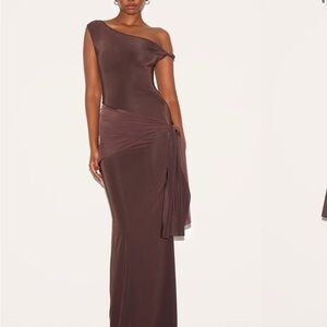 PLT CHOCOLATE SLINKY OFF SHOULDER WRAP DETAIL MAXI DRESS
